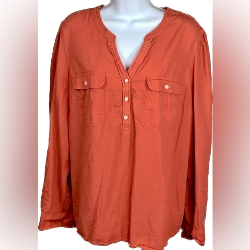 Tommy Hilfiger 1X Linen Top Pink Dress Blouse Pullover Shirt Long Sleeve Coral